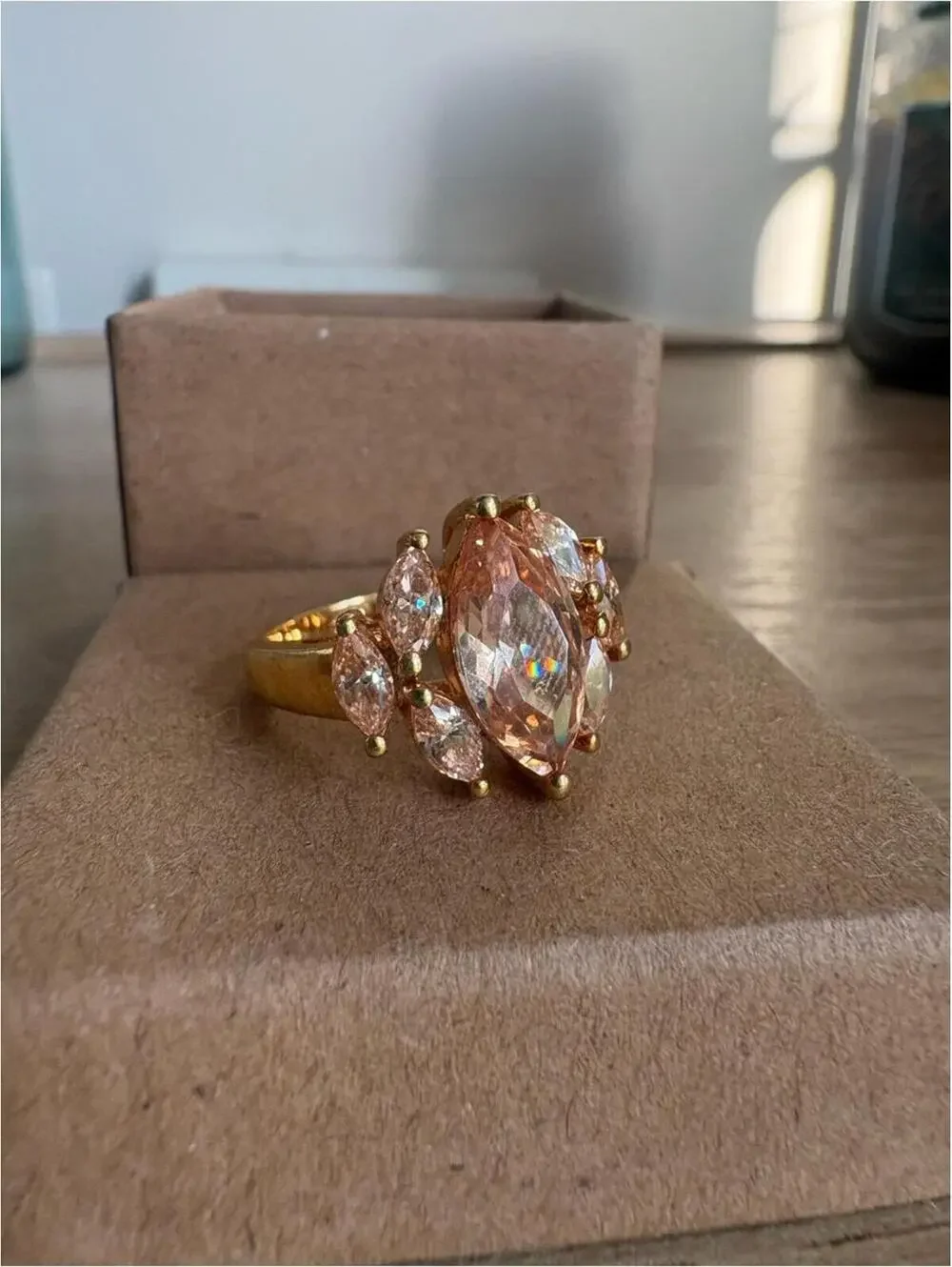 Gold-Tone Peach Crystal Cluster Statement Ring - Size 6.5